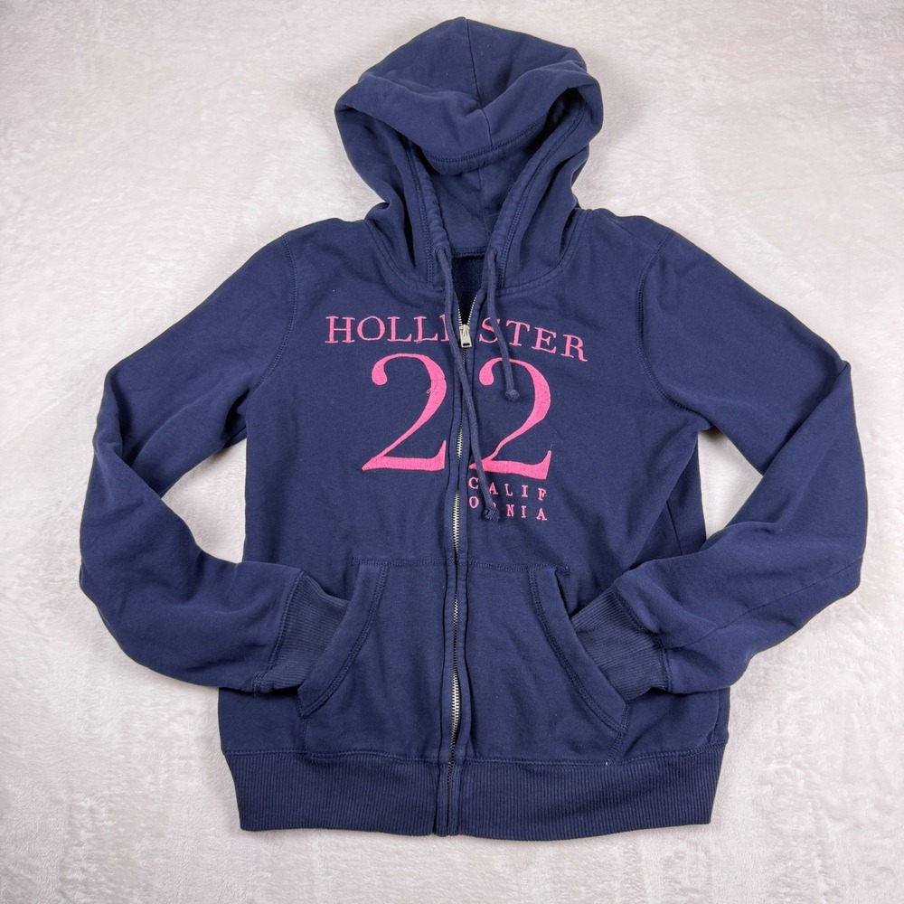 Y2K Hollister Women's Medium Full Zip Hoodie Sweatshirt Navy Blue‎ Pink Preppy
